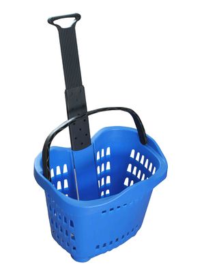 China Cesta de compras plástica colorida del balanceo con las ruedas 55l, cestas plásticas de la carretilla de las compras fábrica