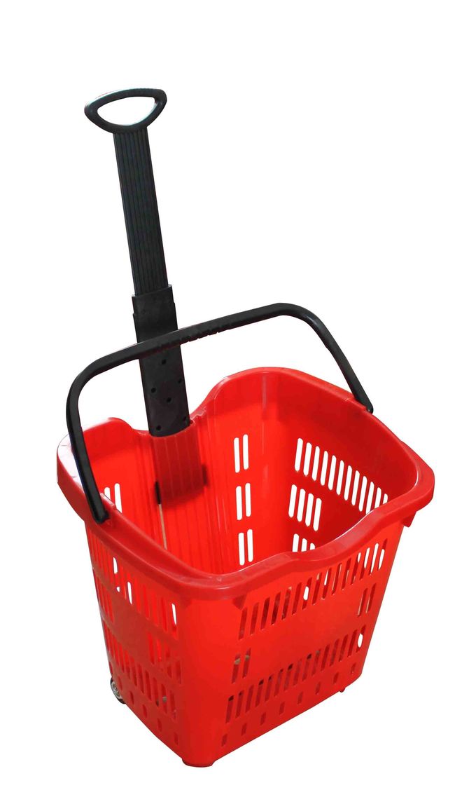Cesta de compras plástica colorida del balanceo con las ruedas 55l, cestas plásticas de la carretilla de las compras