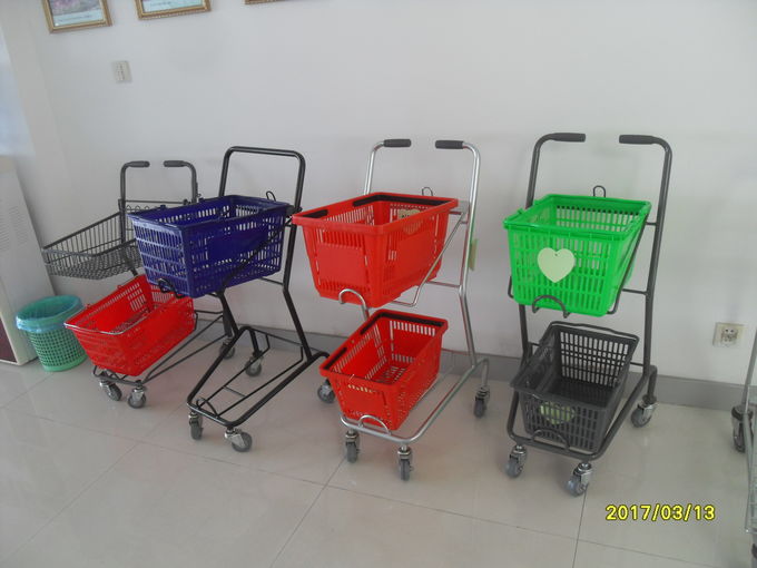 Carretilla reutilizable de las compras de 2 cestas para la pequeña tienda, eslabón giratorio 4 echadores del Pvc de 3 pulgadas